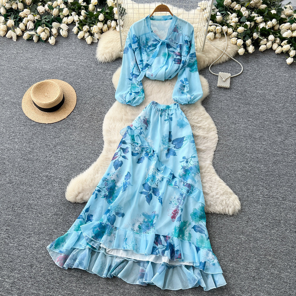 French print slim-fit two-piece set for women - autumn ruffle hem a-line skirt, commute-ready, elegant vacation style outfit