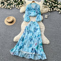 French print slim-fit two-piece set for women - autumn ruffle hem a-line skirt, commute-ready, elegant vacation style outfit