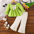 girltwo-piece set fruit green square collar topsbowspleated hem bell pants kids pantssuit
