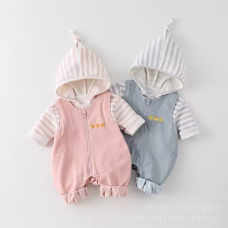 Infant and toddler two-piece overalls set, autumn wear, unisex baby hooded striped shirt and casual overalls jumpsuit