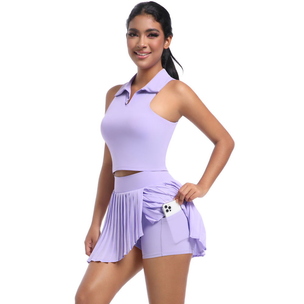 New arrival cross-border pure color lapel vest breathable fake two-piece pleated skirt suit sports running fitness yoga clothes