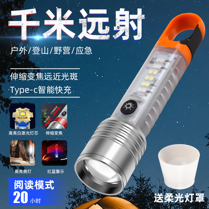 Cross-border new strong light multi-function telescopic zoom Type-c charging red and white purple magnetic mountaineering buckle flashlight