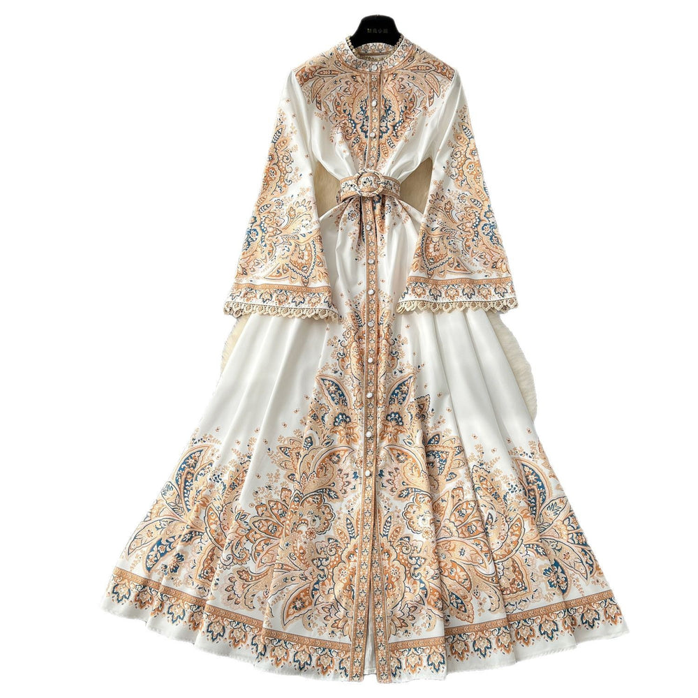 French retro floral print flared sleeve dress - women's spring belted single-breasted design, luxe & elegant maxi dress