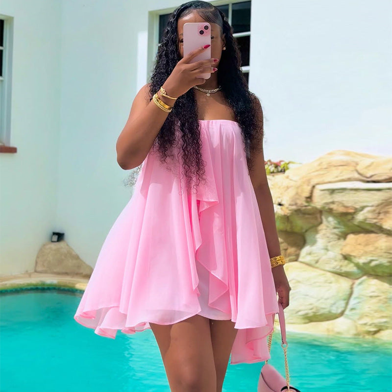 European and american cross-border women's fashion:  summer new arrival - elegant sweet strapless loose asymmetrical short pink dress