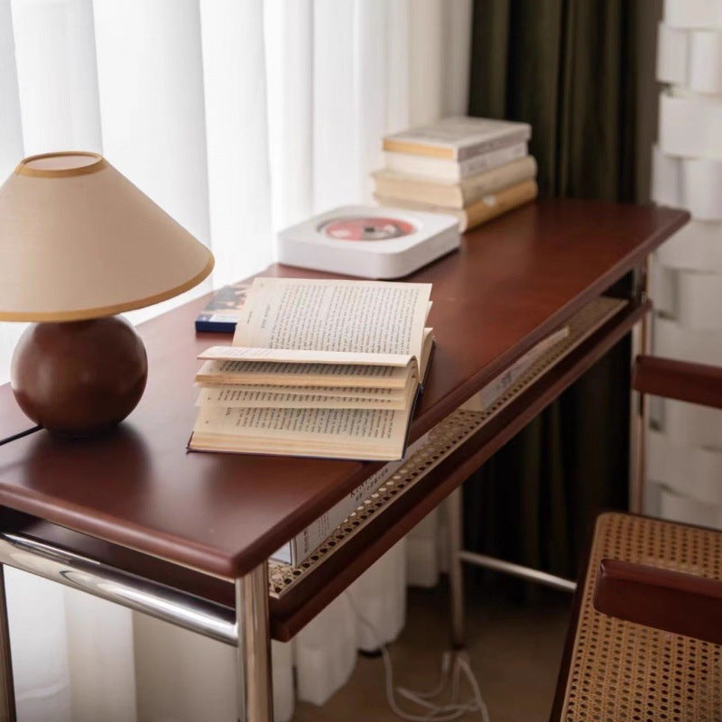 Narrow solid wood desk for study, retro home office computer desk, mid-century modern style, nordic small apartment student writing desk