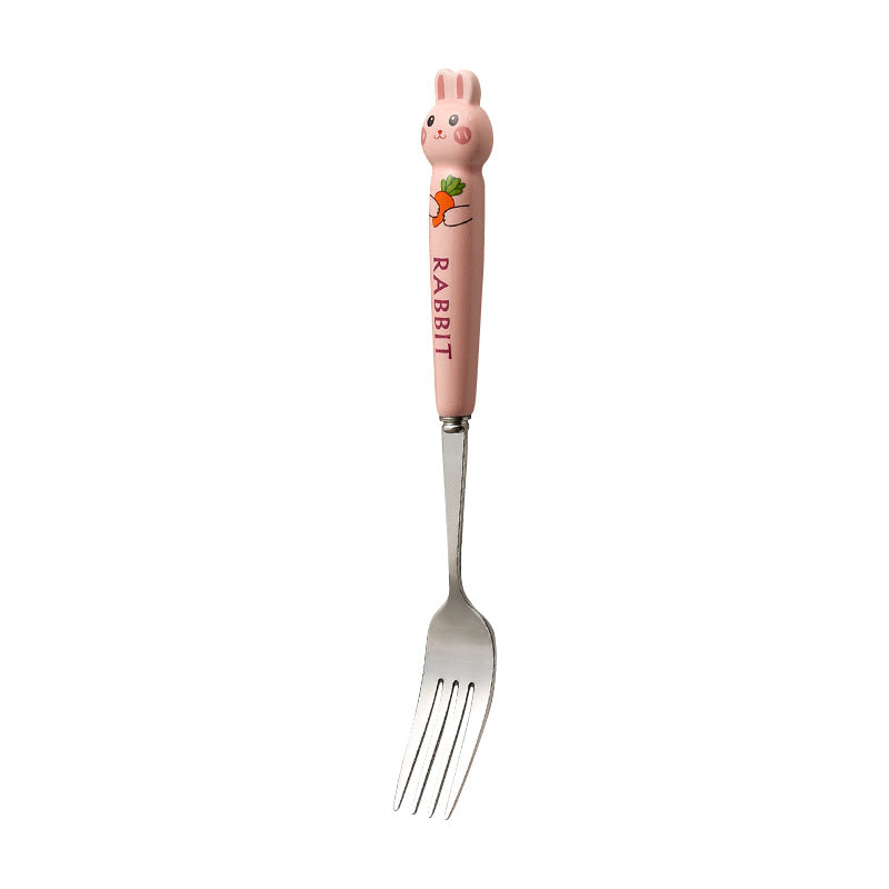 Cartoon stainless steel cutlery set: cute kids' forks with stylish ceramic handles, exquisite dessert spoons, and serving spoons