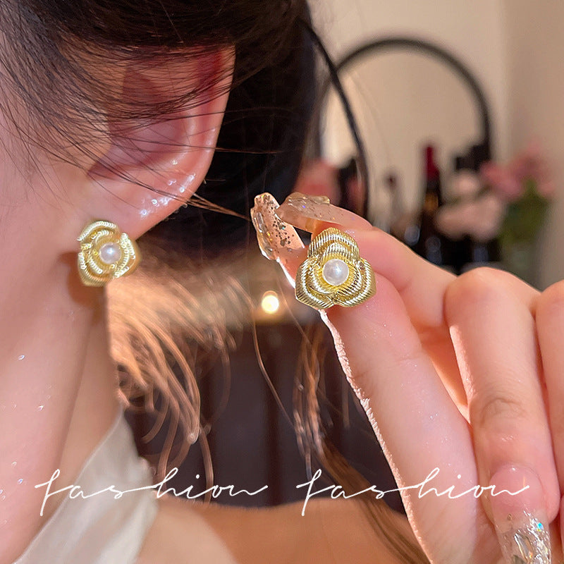 French chic floral pearl metal texture stud earrings - minimalist, unique, and versatile fashion earrings for women