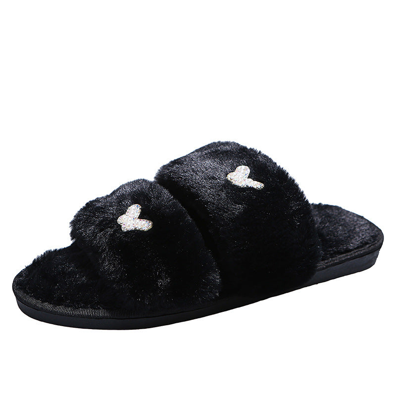 2024 new plus size indoor/outdoor flat pearl rhinestone butterfly cotton slippers - women's new fuzzy slippers