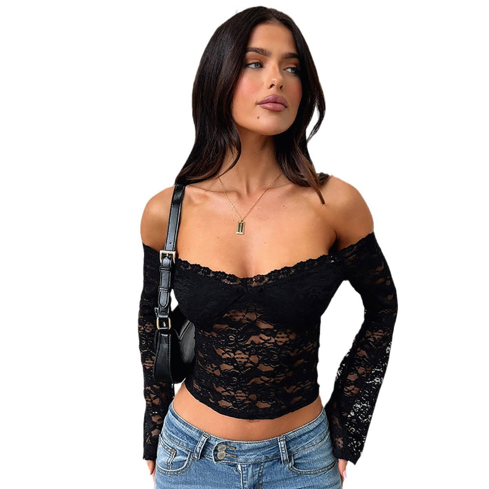 autumn new arrivals: cross-border european & american fashion - sexy & spicy slim-fit lace one-shoulder long sleeve cropped top