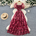 French gentle style puff sleeve floral dress women's summer k-style square collar high waist a-line elegant cake skirt slimming look