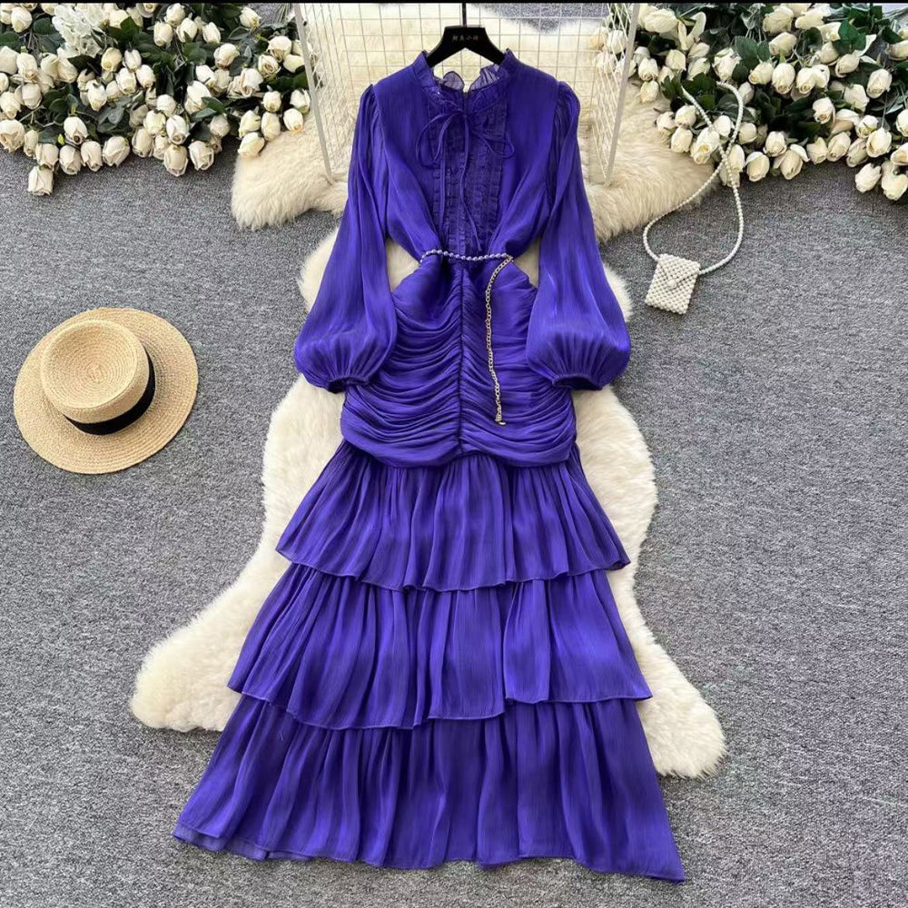 French dress women's  new arrival high-end lace patchwork cinched waist lantern sleeve ruffle hem long evening gown