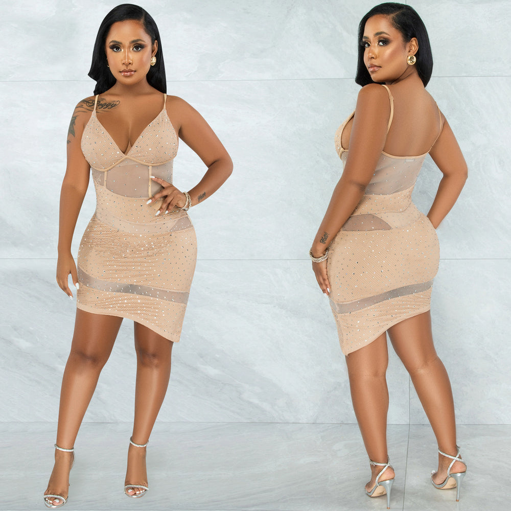 X5575 cross-border fashion women's sexy v-neck mesh see-through nightclub rhinestone strappy irregular dress