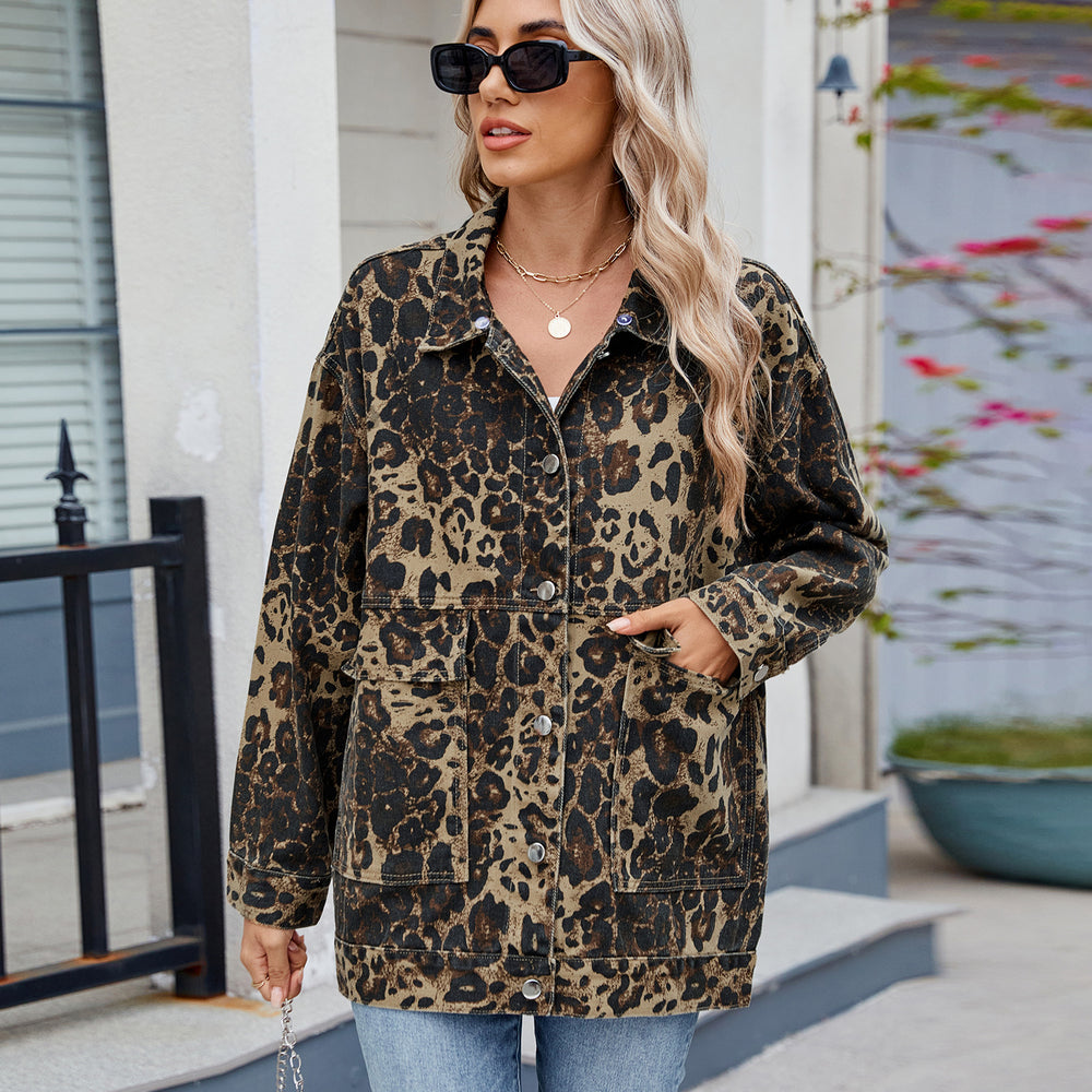 European and american cross-border women's spring new arrivals:  &  washed, versatile, loose-fit leopard print denim jacket/top