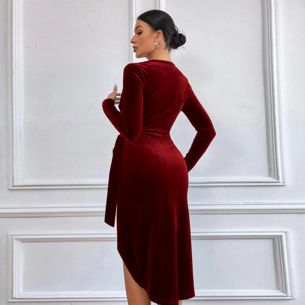 hot selling european and american sexy long dress v-neck bodycon asymmetrical dress cocktail party gown for women