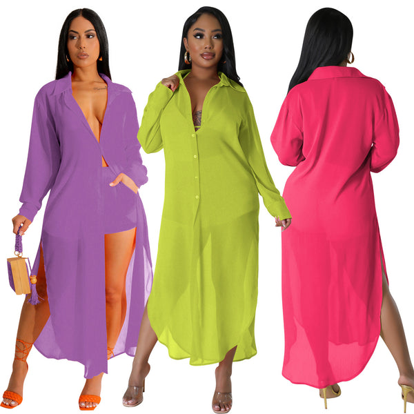 YD8734-A11 European and American women's clothing, new  models, fashionable chiffon, long shirt two-piece set,