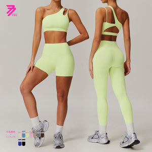 breathable quick-drying tight-fitting yoga clothes flap pocket pants running sports suit diagonal shoulder naked fitness suit6425