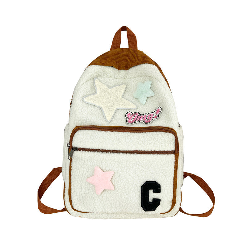 2025 new lambswool patchwork spring outing backpack - cute korean style student backpack, fresh and sweet plush women's bag