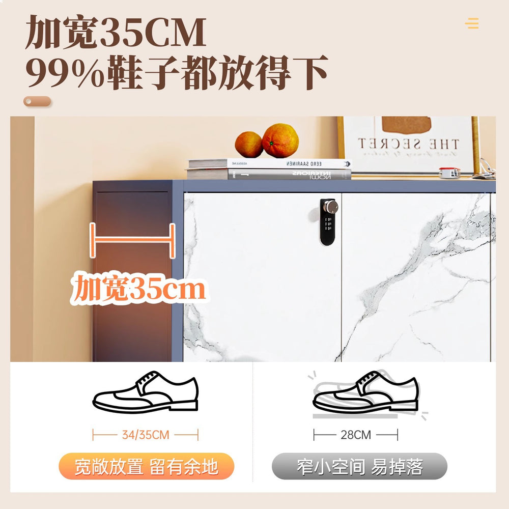 Steel shoe cabinet for home, shoe rack for entryway, hallway organizer with door and lock, minimalist large capacity faux stone shoe cabinet