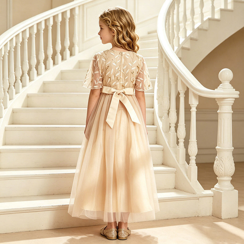 European and american style girls' formal dress, european puffy skirt, elegant and graceful children's dress, short-sleeved tulle skirt, long children's clothing