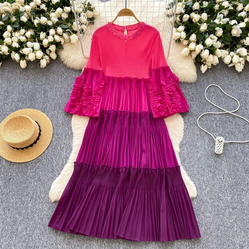 Miyake cross-border wholesale new arrival color matching round neck beading elegantplus size women's miyake pleated dress