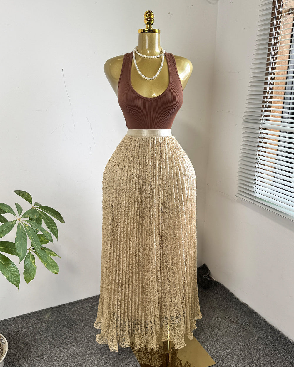Fashionexport cross-border fashion high waistsweetlacepleated skirt long skirt a-line skirt slimming lookeasiest for matchwork clothing