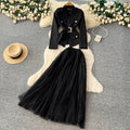 Elegant and chic chanel-inspired two-piece set: women's autumn outfit featuring a tie-waist cardigan and mesh skirt