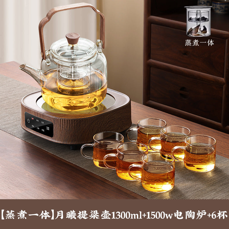 A complete set of wood grain electric ceramic stoves for making tea around the stove, a set of glass teapots for making tea around the stove, and an electric stove