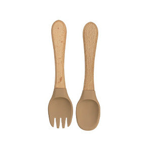Factory direct sales silicone wooden handle complementary food fork and spoon  baby spoon baby training eating fork and spoon set wholesale