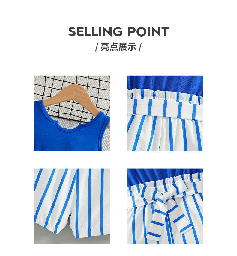 girls' summer outfit: blue sleeveless tank top with striped shorts and belt - two-piece set for kids' outdoor adventures