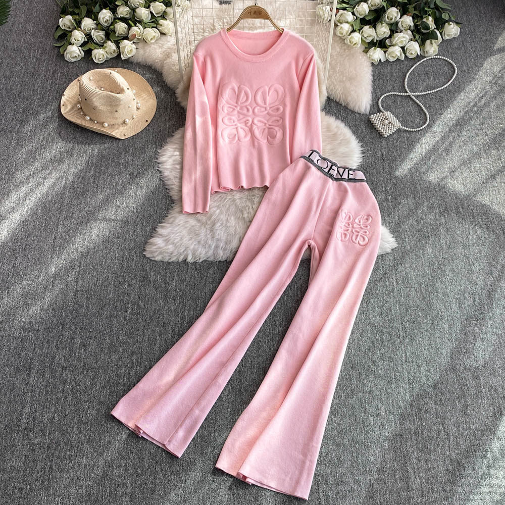 Fashionsuitfemalek-styleloose jacquard knittingsweatshirttwo-piece setcasualhigh waistslimming lookstraight-legloose pants