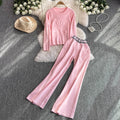 Fashionsuitfemalek-styleloose jacquard knittingsweatshirttwo-piece setcasualhigh waistslimming lookstraight-legloose pants