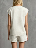 summer cross-border european & american style women's v-neck embroidered cotton linen sleeveless top + drawstring shorts two-piece set