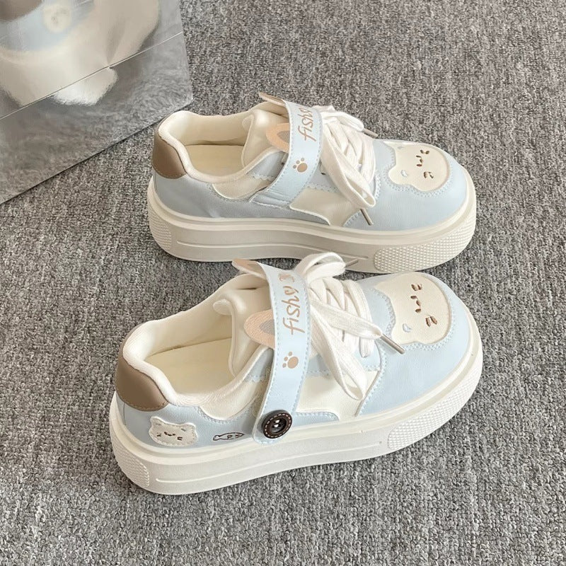 Chunky platform white sneakers - 2026 spring new arrival: cute puppy design, hook-and-loop closure, versatile height-boosting casual sneakers for students