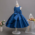 Ready-to-ship cross-border girls' formal dress, round neck vest, navy blue bow, satin dress, european and american style flower girl evening gown