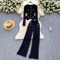 Classy small fragrant metal buckle round neck silmeasiest for matchlong sleevesknitting shirt women's high waistcasual pantstwo-piece set