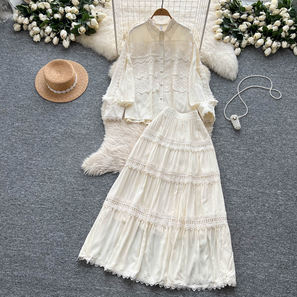 French court style hollow-out crochet mature woman's summer outfit: long-sleeved blouse & elastic waist long skirt set