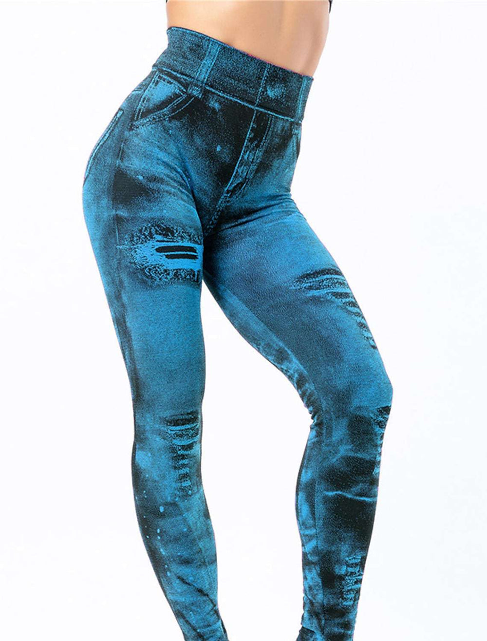 Summer european and american seamless fake ripped corset imitation denim bottom pants women's outwearhigh waist yoga nine-point pants women