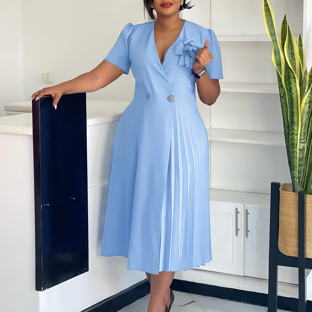 C8628 women's foreign trade summer  v-neck fashion short sleeve solid color elegant pleated african european and american style dress
