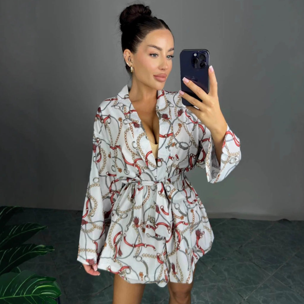 Cross-border European and American sexy deep V-neck long-sleeved cardigan shirt casual shorts women's  temperament foreign style fashion suit