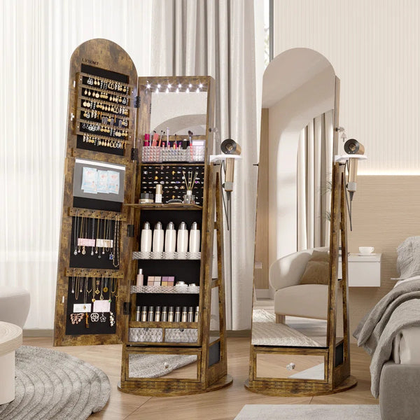 Solid wood floor-to-ceiling full-length mirror, covered multi-functional bedroom, rotating jewelry storage, fitting mirror, household