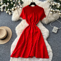 Korean style red knitted high-end dress - women's summer short sleeve high-waisted a-line dress - commute-friendly, slimming, and exudes sophistication