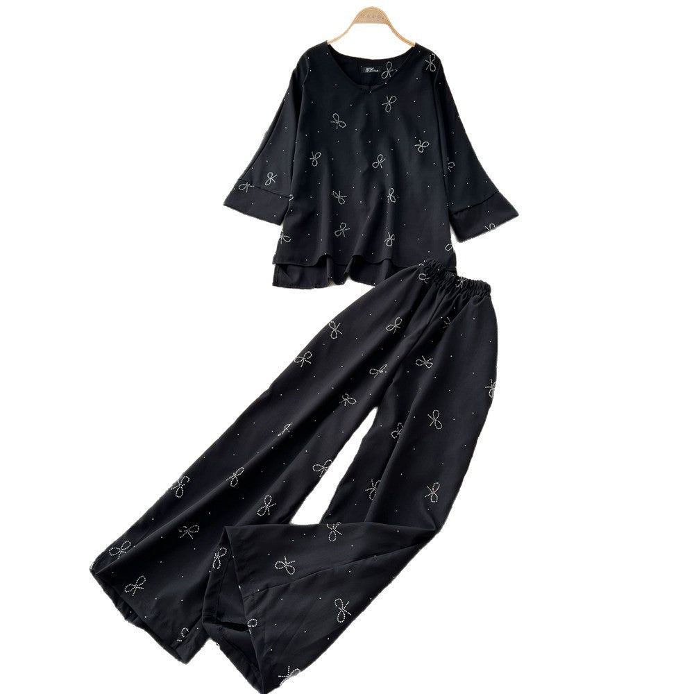Light mature style round neck sweetbowsprintingtwo-piece set women's spring autumwork clothing style three-quarter sleeve fashionablesuit