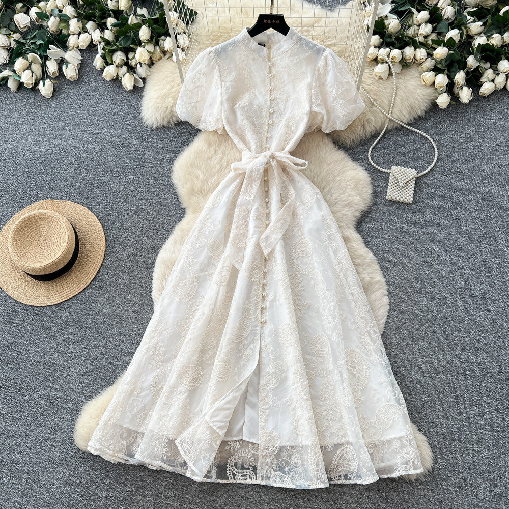 Elegant lace embroidered maxi dress for women - high waist a-line, perfect for summer, work, and evening events