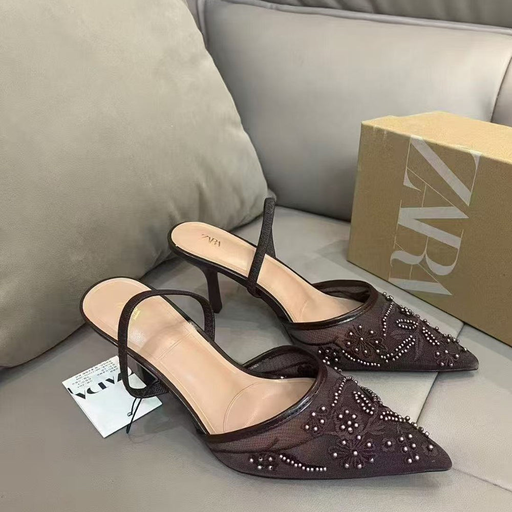 Za2026springnew arrival pointed toe stiletto mesh order toe high heels women's lace small fragrant style easiest for matchoutwear