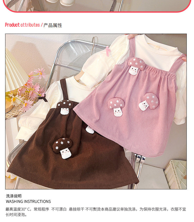Kids cute dressspringnew arrivalfashion style korean version little girl outwearfake two-piece suspender patchwork skirt