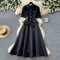 K-stylework clothingred round neck a-line dress women's summer short sleevehigh waistslimming look hepburn styleaccessible luxurysuit skirt