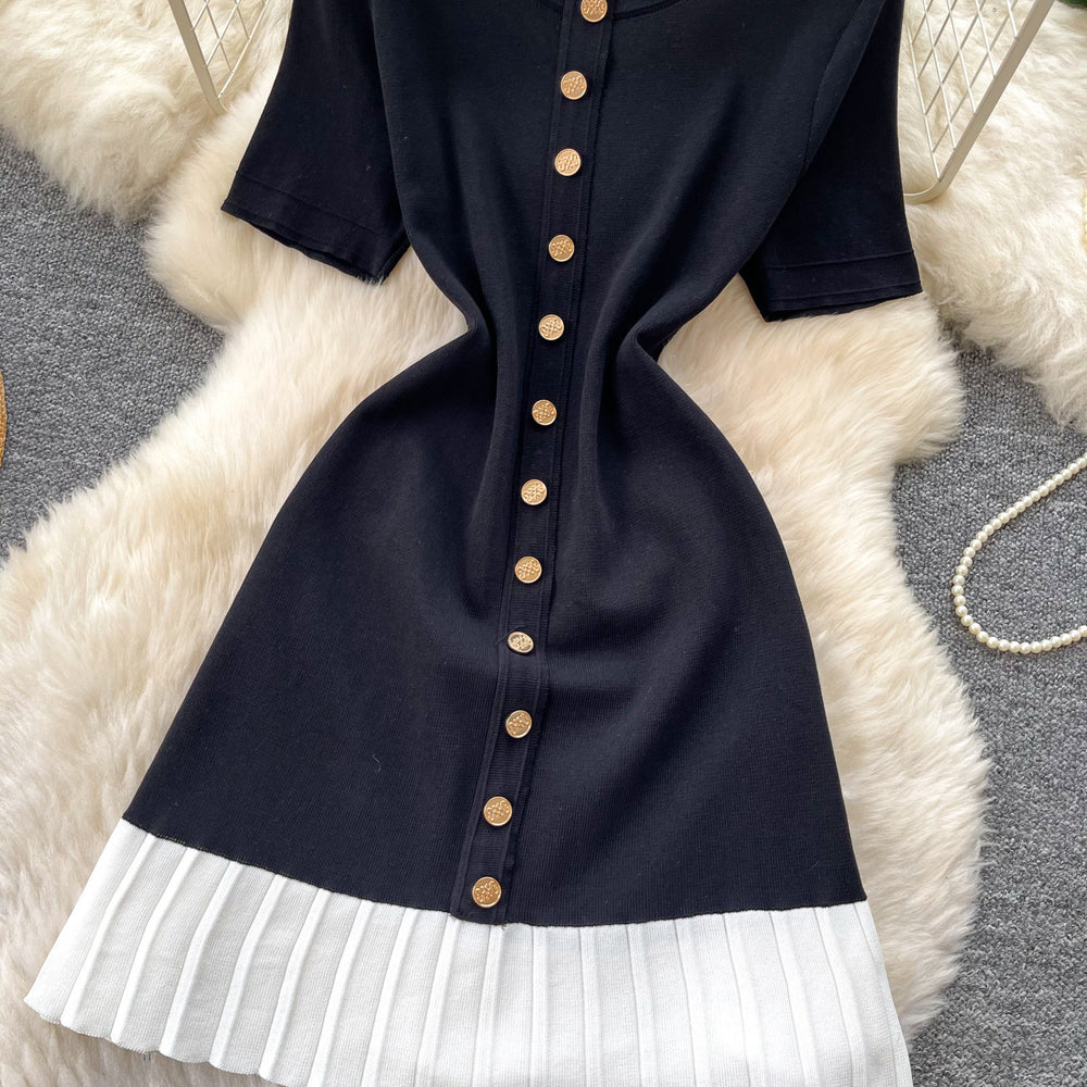French chic sweet knit round neck dress - women's summer high-end black short sleeve ruffle hem work dress