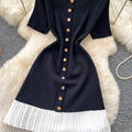French chic sweet knit round neck dress - women's summer high-end black short sleeve ruffle hem work dress