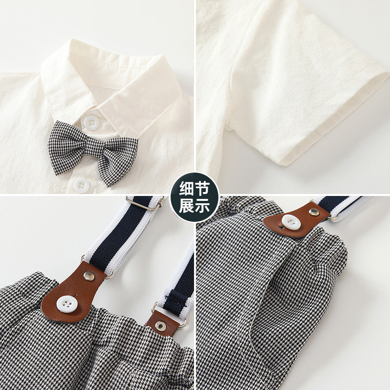 summer gentleman's kids' outfit: preppy style short-sleeve shirt and overalls two-piece set - wholesale for boys