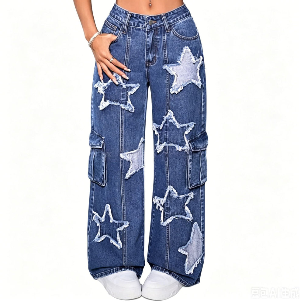 American washed star jeans for women, high waist, multiple flap pocket pantsloosecasual wide-leg pants, mopstraight-leg jeans